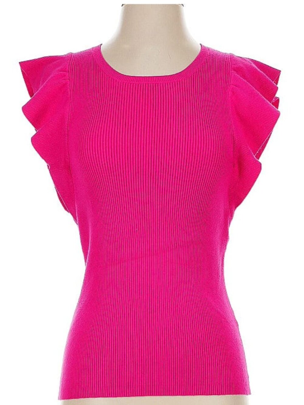 Marie Oliver Pink Top 4 Summer Bold Flutter Sleeves Ribbed Stretch Round Neck L